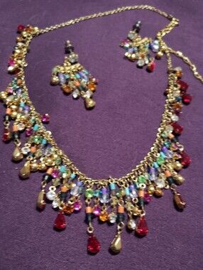 Multicolor Waterfall  Bead Fringe Necklace and Earring Set - Gold Tone